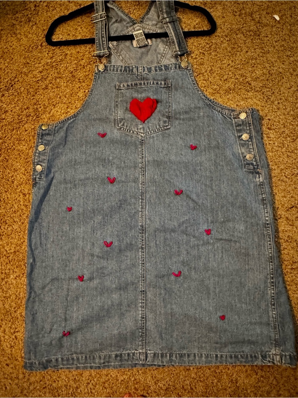 Denim Overall Dress with Red Heart Hand Embroidery